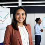 **Image Prompt:** A confident Malay woman in her late 30s, dressed in smart casual attire, stands in a modern co-working space. She is smiling while presenting a content strategy to a diverse team of young professionals. The background shows a whiteboard filled with social media analytics and engaging content ideas. Focus on conveying a sense of career transition and digital marketing expertise.