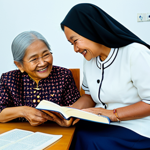 Home 6 A compassionate female literacy educator, fully clothed in a professional modest blazer and blouse, patiently guides an elderly Malay woman in a traditional baju kurung as she joyfully reads a recipe book. They are seated comfortably at a wooden table in a brightly lit community hall, subtly adorned with Malaysian cultural elements. The atmosphere is warm and supportive, emphasizing lifelong learning and the joy of basic literacy. This is a family-friendly scene, safe for work, with appropriate content, perfect anatomy, correct proportions, natural pose, well-formed hands, proper finger count, and natural body proportions, captured with professional photography and high quality.