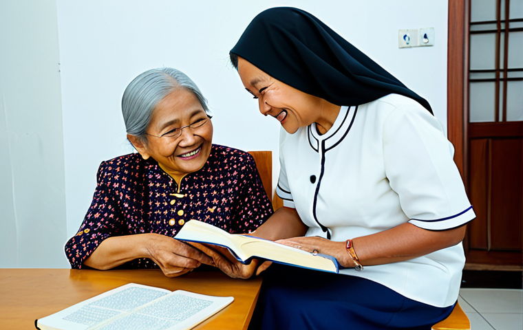 A compassionate female literacy educator, fully clothed in a professional modest blazer and blouse, patiently guides an elderly Malay woman in a traditional baju kurung as she joyfully reads a recipe book. They are seated comfortably at a wooden table in a brightly lit community hall, subtly adorned with Malaysian cultural elements. The atmosphere is warm and supportive, emphasizing lifelong learning and the joy of basic literacy. This is a family-friendly scene, safe for work, with appropriate content, perfect anatomy, correct proportions, natural pose, well-formed hands, proper finger count, and natural body proportions, captured with professional photography and high quality.