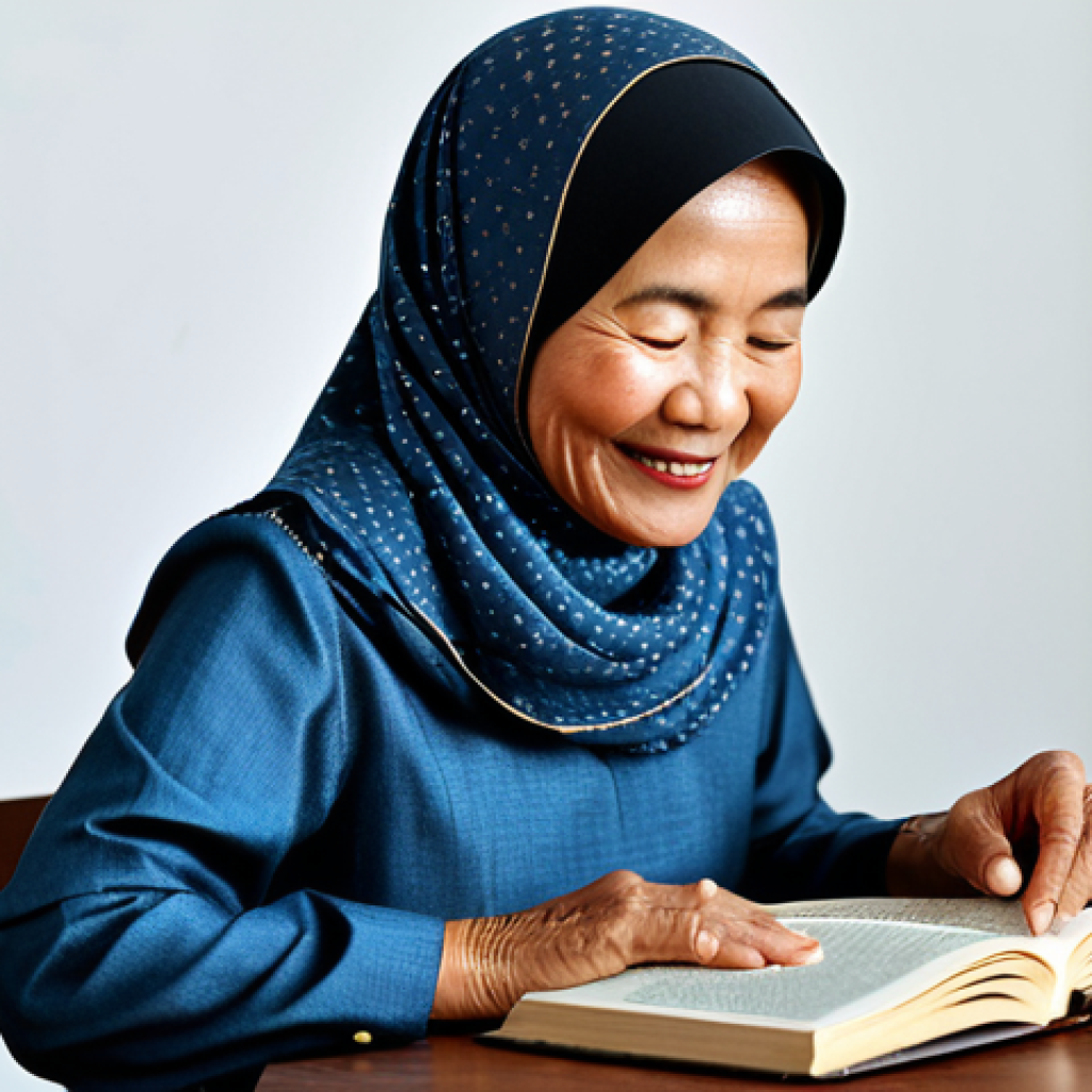 A mature Malay woman, approximately 50-60 years old, fully clothed in a modest baju kurung, sitting comfortably at a simple wooden table. She holds an open book, her eyes alight with a confident, joyful expression as she reads. Her posture is natural, and her well-formed hands gently grasp the book. The background subtly suggests a cozy community learning space with soft, warm lighting. This image embodies the triumph of overcoming literacy challenges with newfound confidence. safe for work, appropriate content, fully clothed, modest, perfect anatomy, correct proportions, natural pose, well-formed hands, proper finger count, natural body proportions, professional photography, high quality.