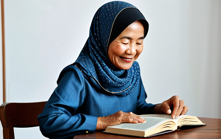 A mature Malay woman, approximately 50-60 years old, fully clothed in a modest baju kurung, sitting comfortably at a simple wooden table. She holds an open book, her eyes alight with a confident, joyful expression as she reads. Her posture is natural, and her well-formed hands gently grasp the book. The background subtly suggests a cozy community learning space with soft, warm lighting. This image embodies the triumph of overcoming literacy challenges with newfound confidence. safe for work, appropriate content, fully clothed, modest, perfect anatomy, correct proportions, natural pose, well-formed hands, proper finger count, natural body proportions, professional photography, high quality.
