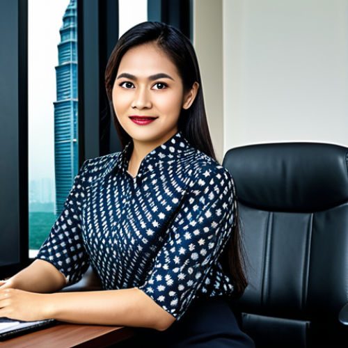 **

"A professional Malaysian businesswoman in a modest batik blouse and dark skirt, sitting at a desk in a modern Kuala Lumpur office, fully clothed, appropriate attire, safe for work, perfect anatomy, natural proportions, professional photography, high quality. Background should subtly feature Petronas Twin Towers."

**
