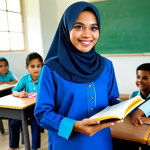 **

A friendly Malay school teacher in a modest *baju kurung*, standing in a brightly lit classroom filled with colourful learning materials. The background features children engaged in reading activities. Perfect anatomy, correct proportions, well-formed hands, natural pose, professional photography, high quality, safe for work, appropriate content, fully clothed, family-friendly.

**