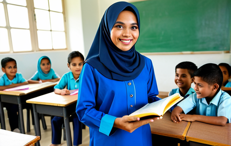 **

A friendly Malay school teacher in a modest *baju kurung*, standing in a brightly lit classroom filled with colourful learning materials. The background features children engaged in reading activities. Perfect anatomy, correct proportions, well-formed hands, natural pose, professional photography, high quality, safe for work, appropriate content, fully clothed, family-friendly.

**