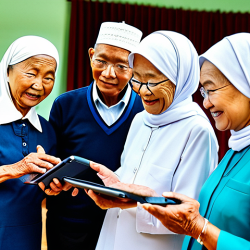 Elderly Digital Literacy**

"A group of senior citizens in Malaysia, fully clothed in modest attire, participating in a digital literacy workshop at a community center. An instructor is helping them use tablets. Safe for work, appropriate content, professional setting, perfect anatomy, natural proportions, well-formed hands, family-friendly."

**