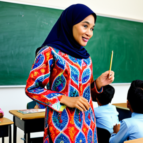 문해교육사 실기시험 합격 팁 - **Prompt:** A creative literacy teacher in a brightly colored, modest baju kurung, engaging with stu...