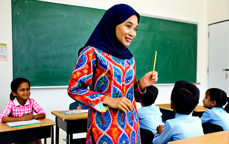 문해교육사 실기시험 합격 팁 - **Prompt:** A creative literacy teacher in a brightly colored, modest baju kurung, engaging with stu...
