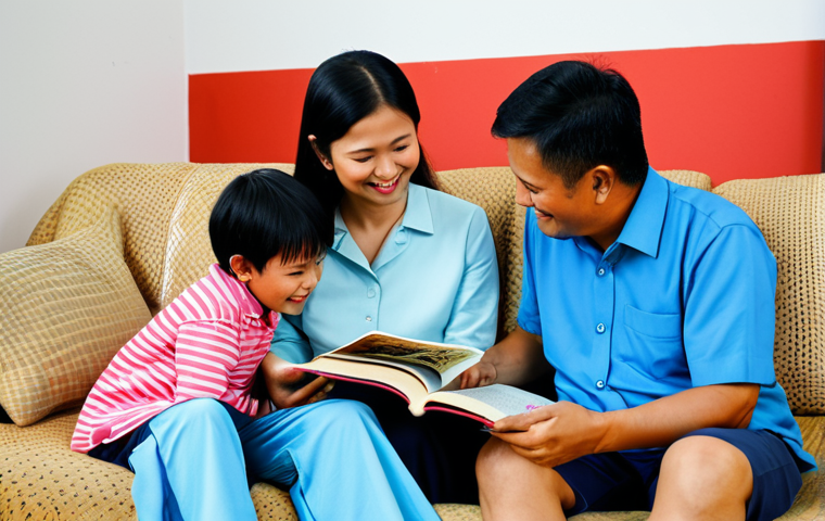 문해교육사와 학습 성과 향상 사례 - Family Reading Time**
A warm, inviting living room in a Malaysian home. A family (mother, father, a...