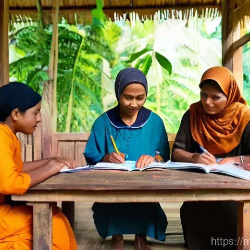 문해교육사 국가 지원 정책 활용법 - **Prompt:** A heartwarming scene depicting adult learners in a rural Malaysian village. An empatheti...