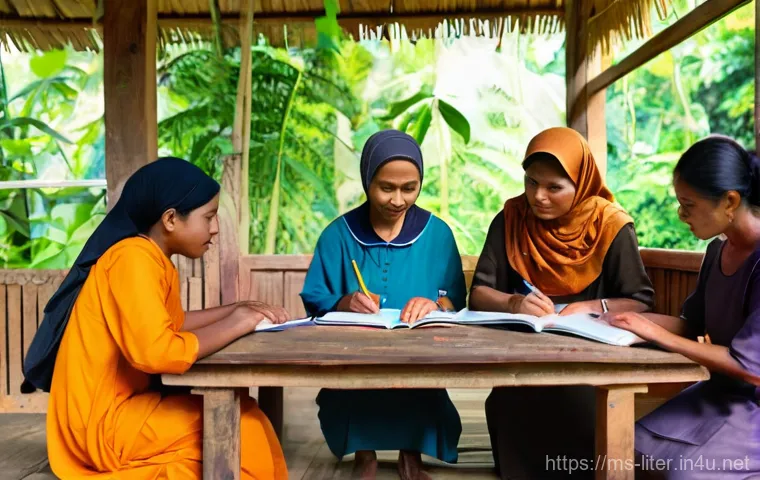 문해교육사 국가 지원 정책 활용법 - **Prompt:** A heartwarming scene depicting adult learners in a rural Malaysian village. An empatheti...