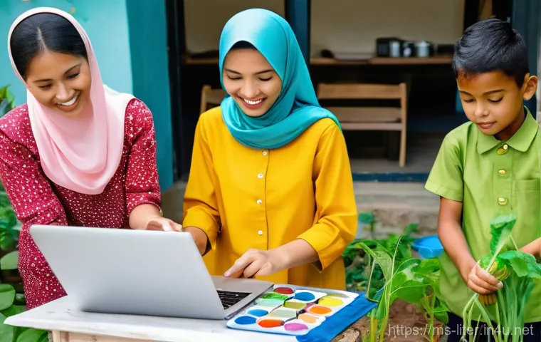 문해교육사와 전공 과목 활용 - **Prompt: A vibrant scene at a community center in rural Malaysia, illustrating the application of d...