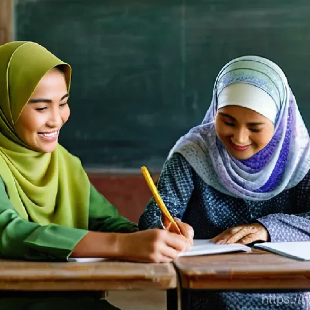 문해교육사 국가 시험 난이도 - **Prompt:** A heartwarming scene inside a brightly lit, simple community classroom in a rural Malays...