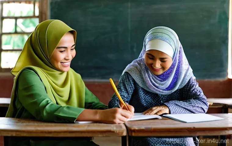 문해교육사 국가 시험 난이도 - **Prompt:** A heartwarming scene inside a brightly lit, simple community classroom in a rural Malays...