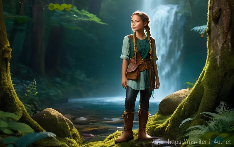 문해교육사와 교육 지원 시스템 활용 - A young, adventurous woman with braided hair and a determined expression stands on a moss-covered an...