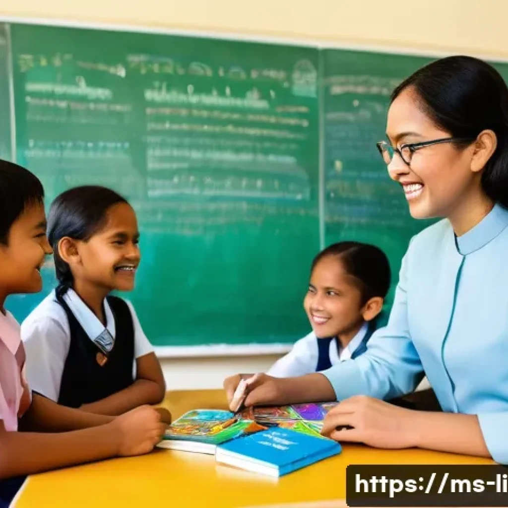 문해교육사와 학습 목표 성공 연구 - A diverse Malaysian primary school classroom scene showing a teacher engaging with a small group of ...