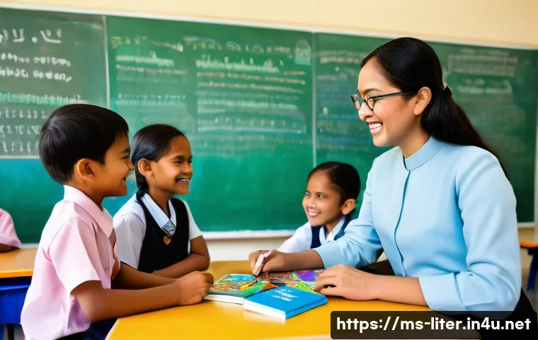 문해교육사와 학습 목표 성공 연구 - A diverse Malaysian primary school classroom scene showing a teacher engaging with a small group of ...