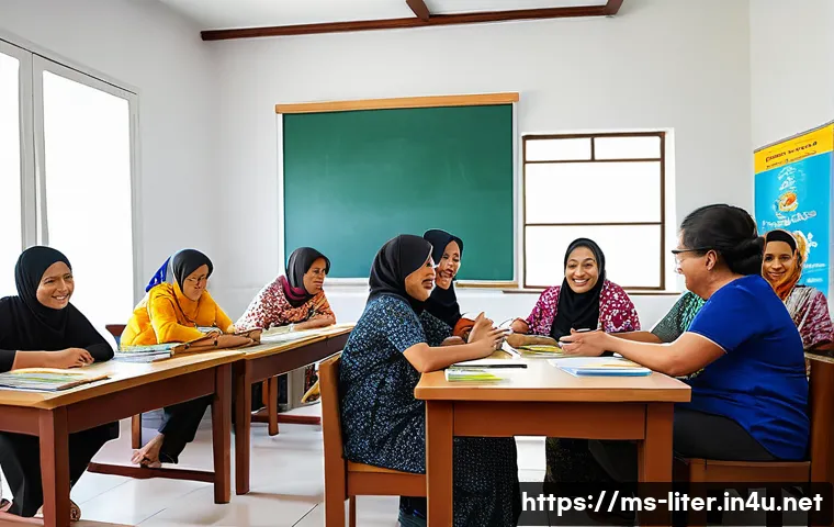 문해교육사와 직업 만족도 상승 요인 - A warm and lively community gathering of Malay literacy educators in a cozy, well-lit community cent...