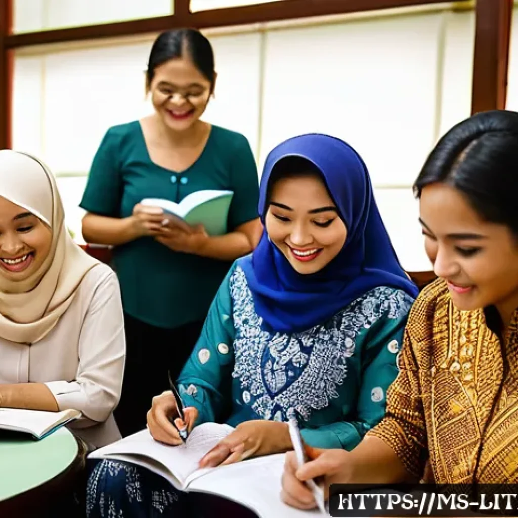 문해교육사와 자기 학습 동기 분석 - A diverse group of Malaysian adult learners in a community center, engaged in an interactive literac...