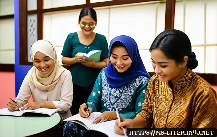 문해교육사와 자기 학습 동기 분석 - A diverse group of Malaysian adult learners in a community center, engaged in an interactive literac...