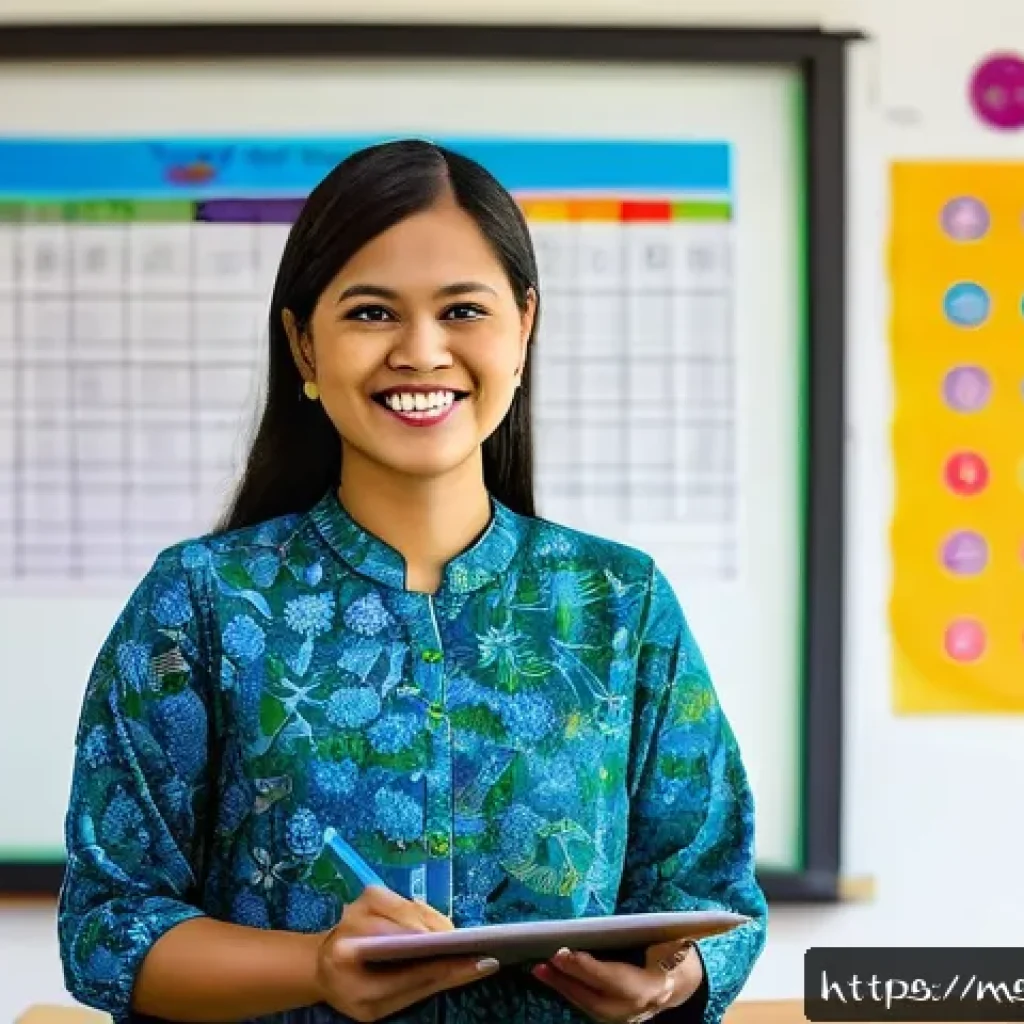 문해교육사 직무 스트레스 관리 - A Malaysian female literacy teacher in a bright, modern classroom, wearing professional attire with ...