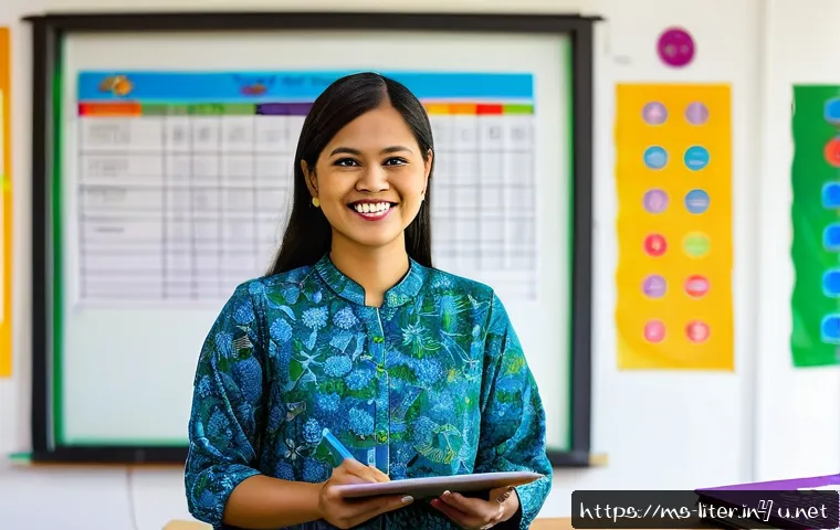 문해교육사 직무 스트레스 관리 - A Malaysian female literacy teacher in a bright, modern classroom, wearing professional attire with ...