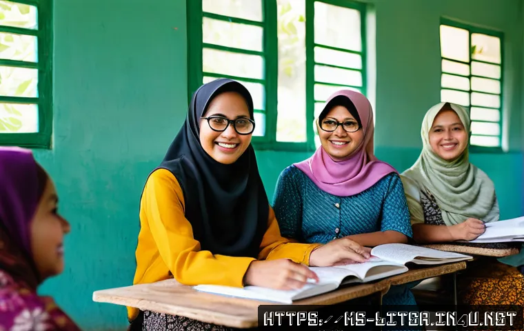 문해교육사와 자기 성장 경험 - A warm, inviting classroom scene in a Malaysian rural setting, showing a diverse group of adult lear...
