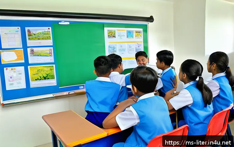 문해교육사와 학습 이론 적용법 - A modern Malaysian classroom scene showing diverse students aged around 12-15 actively engaged in pr...