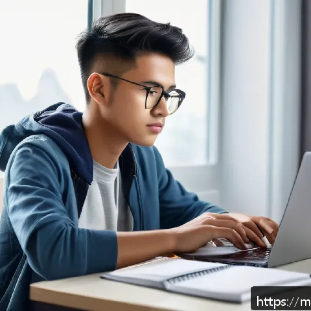 문해교육사 필수 자기관리 스킬 - A focused Malaysian teenage student sitting at a tidy study desk in a modern home environment, using...