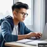 Home 19 문해교육사 필수 자기관리 스킬 - A focused Malaysian teenage student sitting at a tidy study desk in a modern home environment, using...