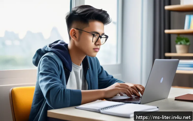 문해교육사 필수 자기관리 스킬 - A focused Malaysian teenage student sitting at a tidy study desk in a modern home environment, using...