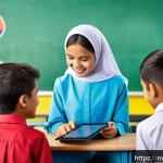 Home 18 문해교육사와 학습 프로젝트 사례 - A lively Malaysian classroom scene where a diverse group of school-aged children wearing school unif...