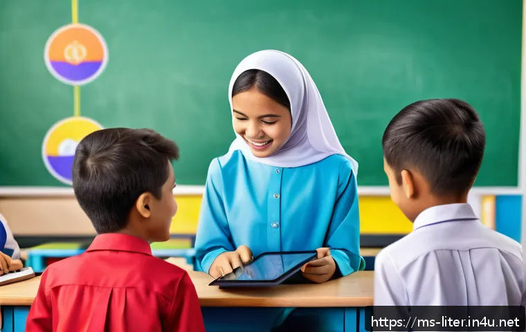 문해교육사와 학습 프로젝트 사례 - A lively Malaysian classroom scene where a diverse group of school-aged children wearing school unif...